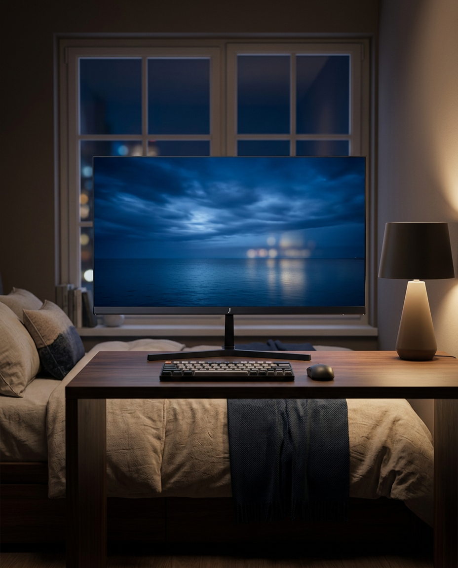 j 24 monitor on a clean desk with a calm sky wallpaper