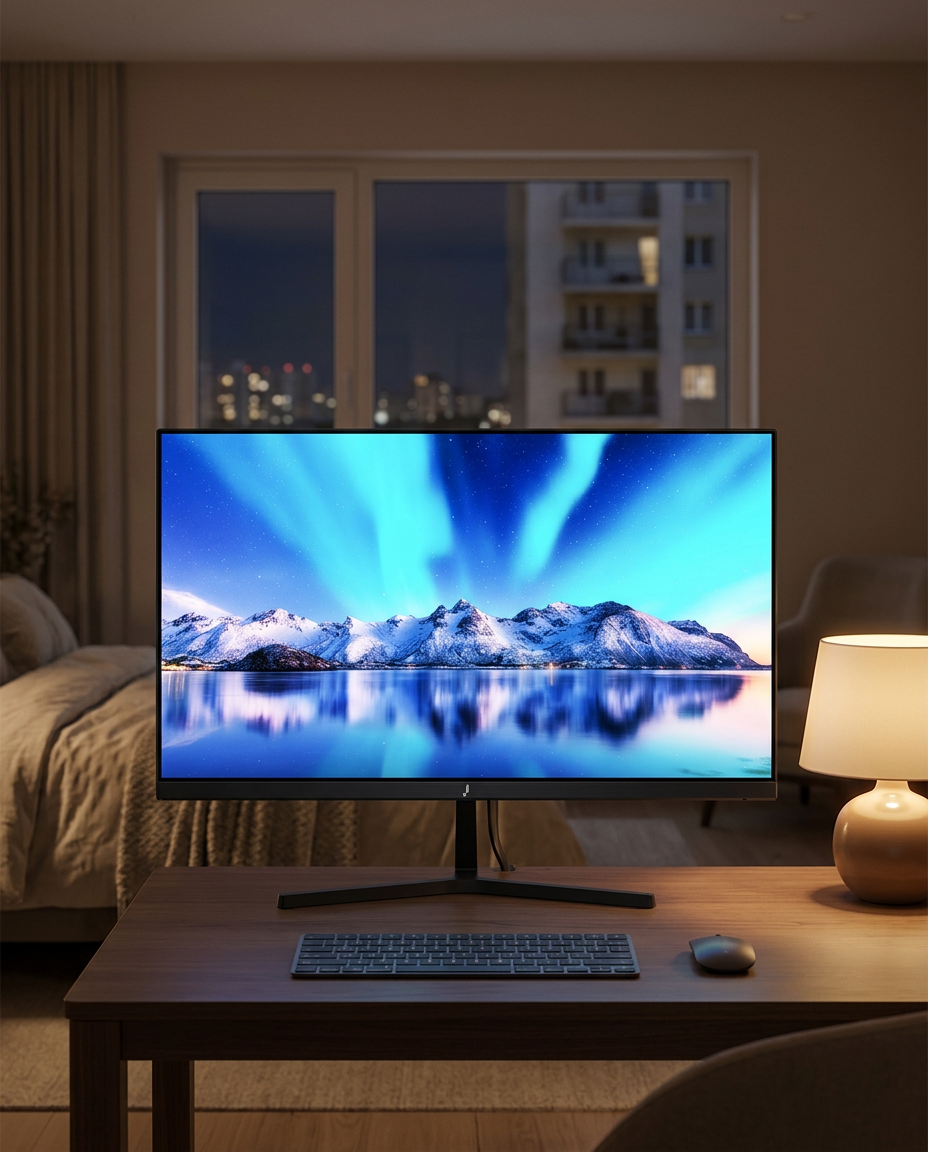 j 22 monitor on a marble desk in a sunlit room
