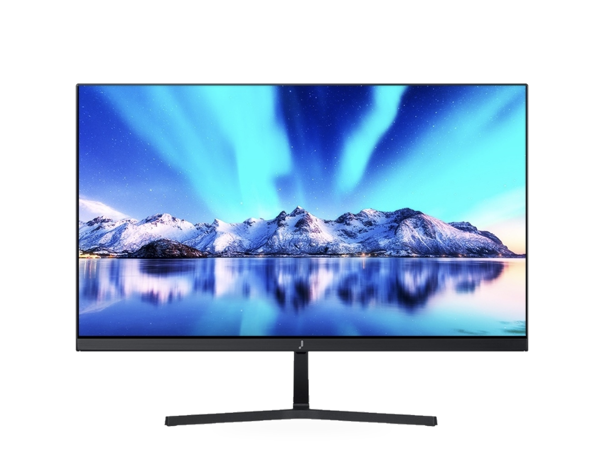 j22 monitor front view with aurora mountain landscape wallpaper