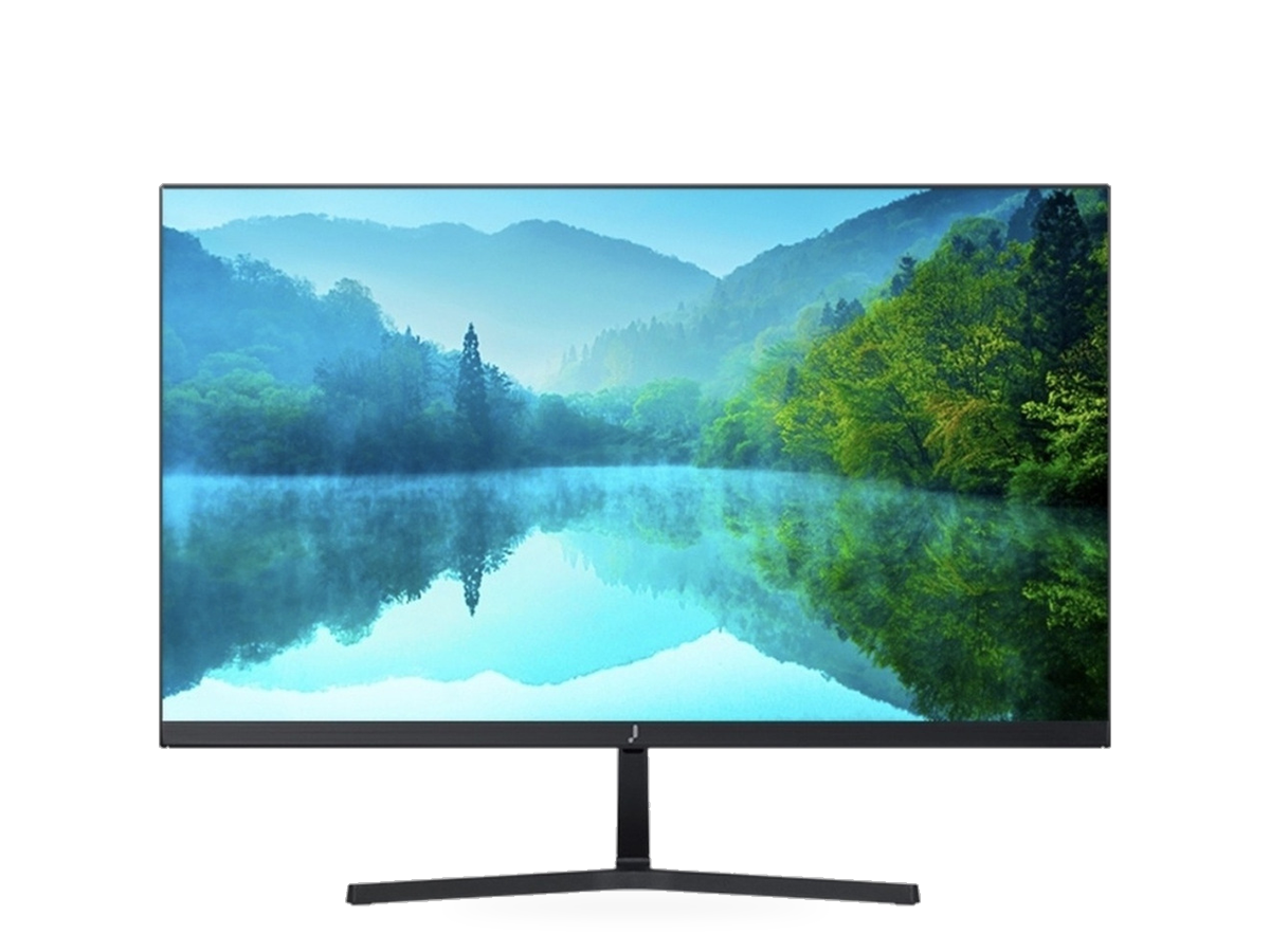 j27 monitor front view with misty lake landscape wallpaper